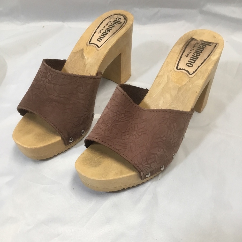 VTG ELLEMENNO 8.5 Chunky Y2K Platform Brown Embossed Leather Clog Mules Italy